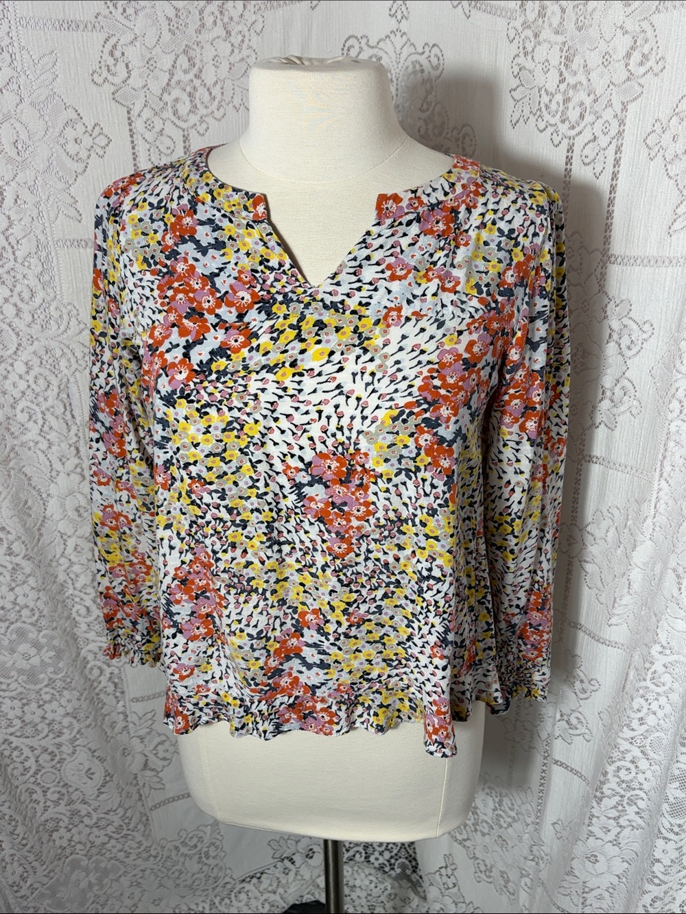 LOFT Floral Split V-Neck Blouse in White, Rust & Yellow